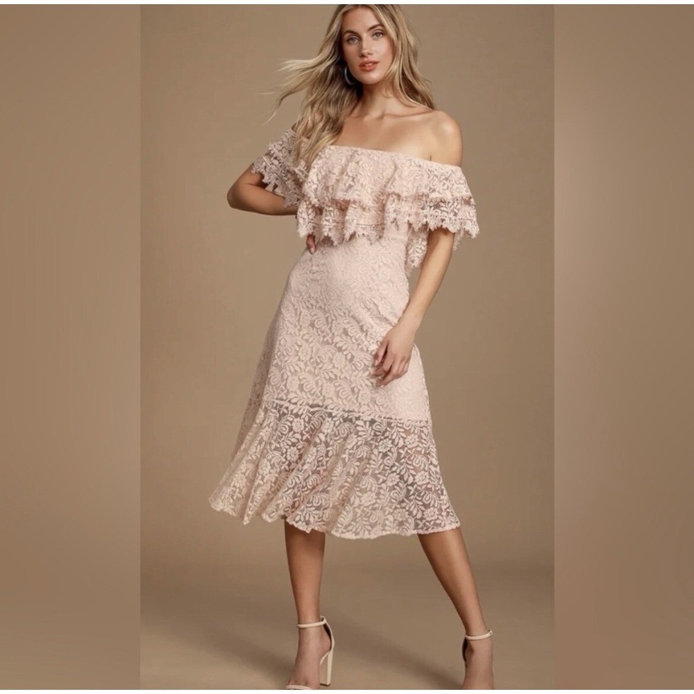 Lulus Jaclyn Blush Pink Lace Off-the-Shoulder Midi Dress Lined‎ Size Small